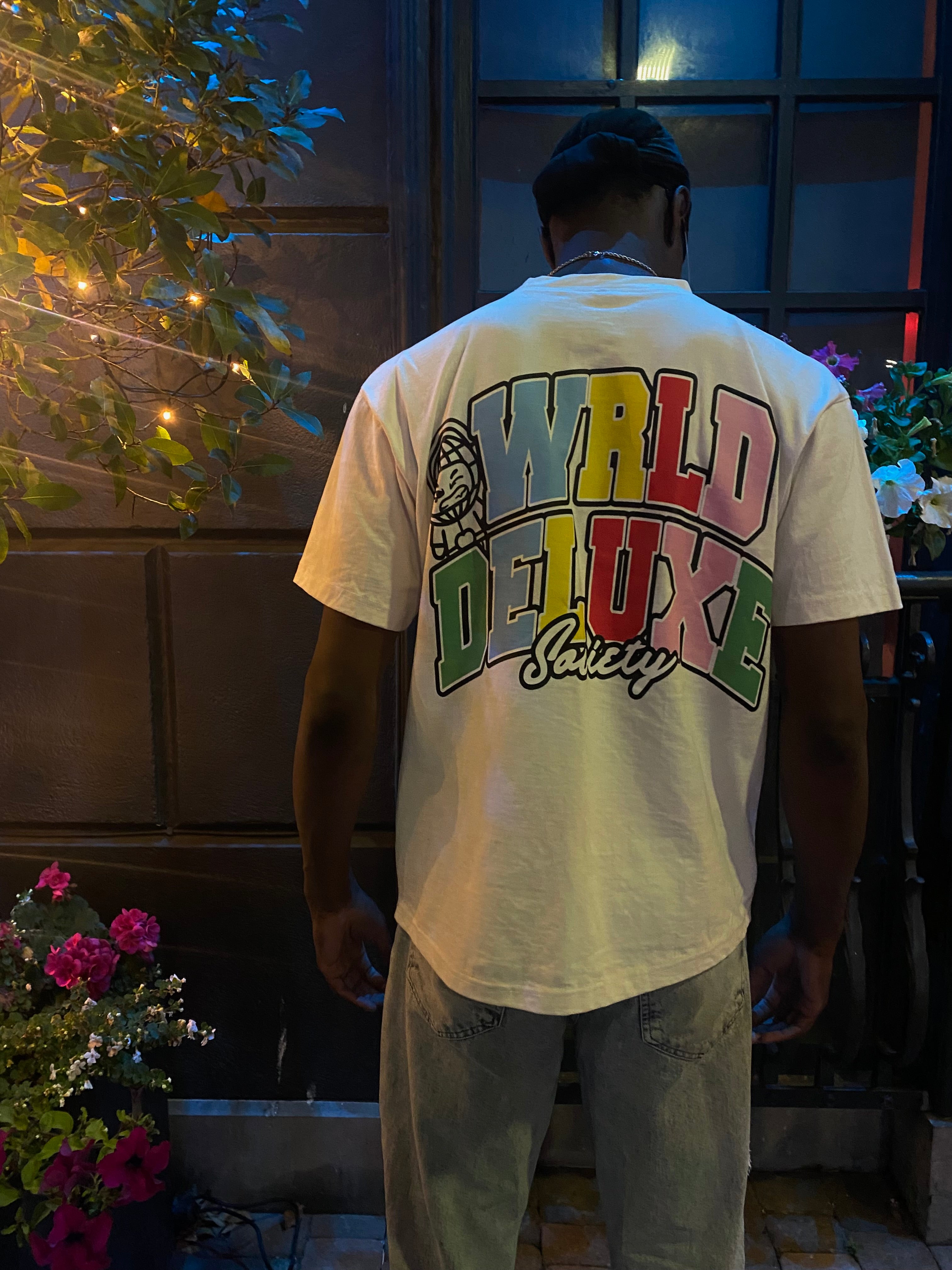 White "WRLD DELUXE" Logo Tee